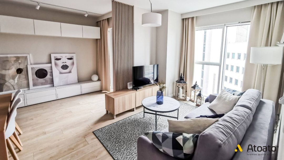 realizacja projektu wnętrz salonu w Poznaniu w Atanerze, pod wynajem, styl nowoczesny, raszki, lamele, lampy na szynoprzewodzie