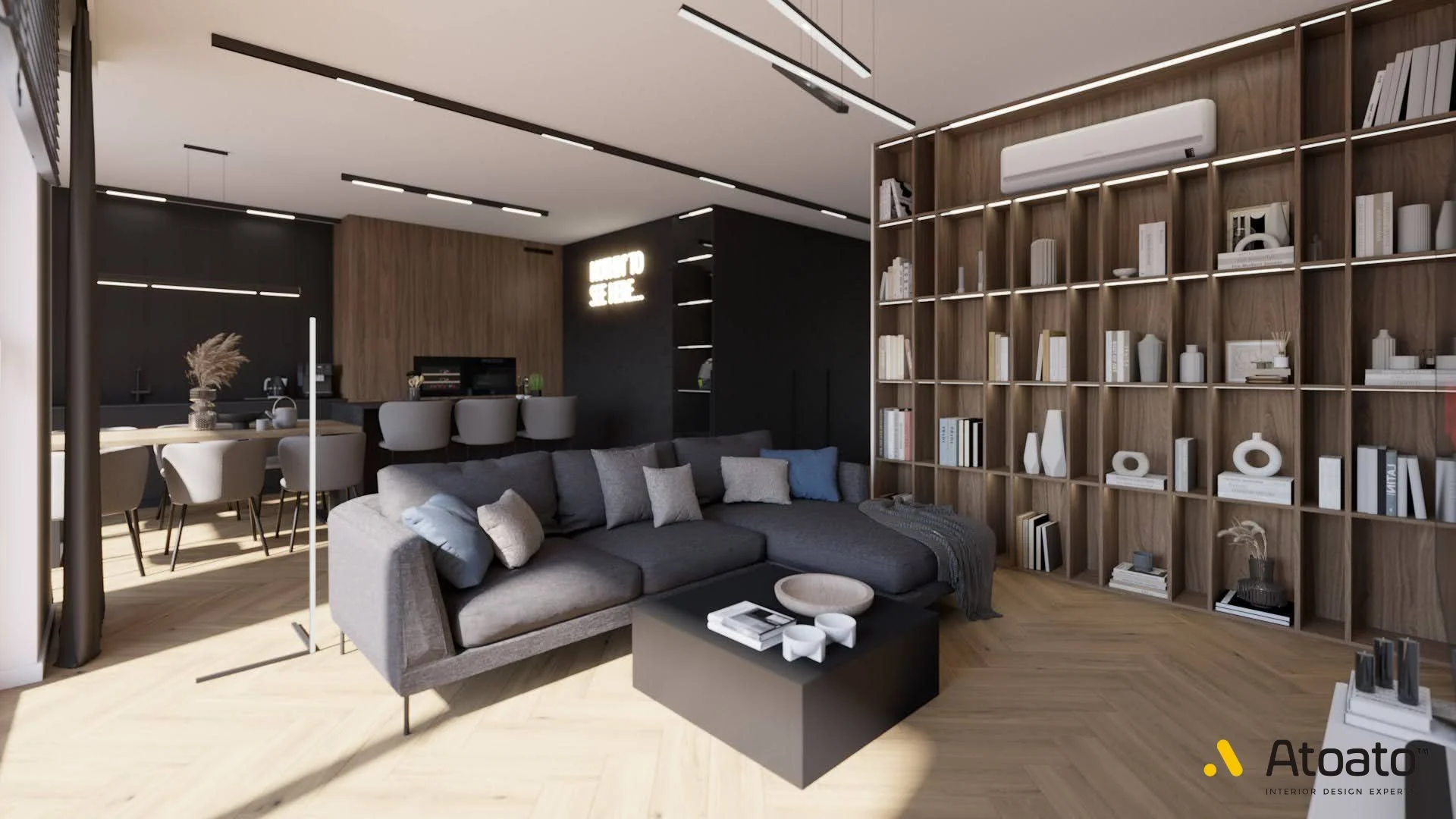 projekt wnetrz poznan styl skandynawski elementy loft salon nowoczesny biblioteczka