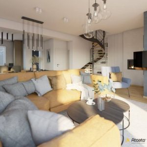 projekt salonu z krętymi schodami dom z lat 90