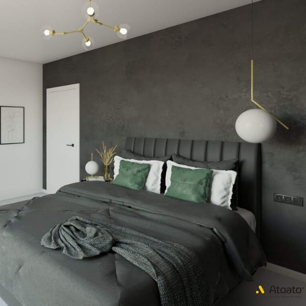 Dom Głuchowo 9 ciemna sciana w sypialni okragla biala lampa pomysl na ciemna sypialnie lozko ciemne lozko w sypialni czarny zaglowek czarna sciana masa betonowa czarna atoato 1