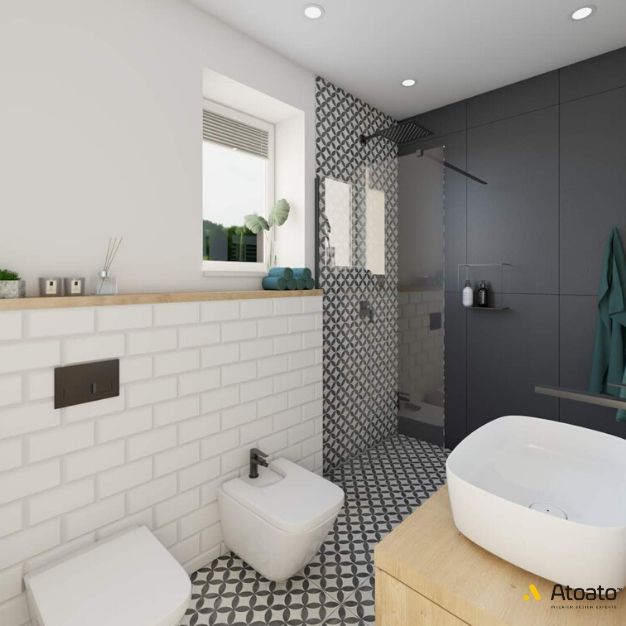 Dom Borówiec 9 czarna sciazna pod prysznicem bidet i toaleta w lazience biala plytka na gebericie lazienka z malym oknem atoato projekty wnetrz online