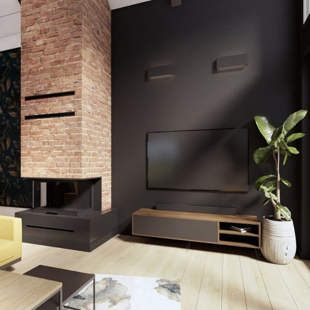 Dom Stodoła 2 9 jak urzadzic nowoczesna stodole wnetrze stodoly projekt online czarna sciana w salonie kominek z cegly projektant wnetrz poznan atoato architekt wnetrz poznan