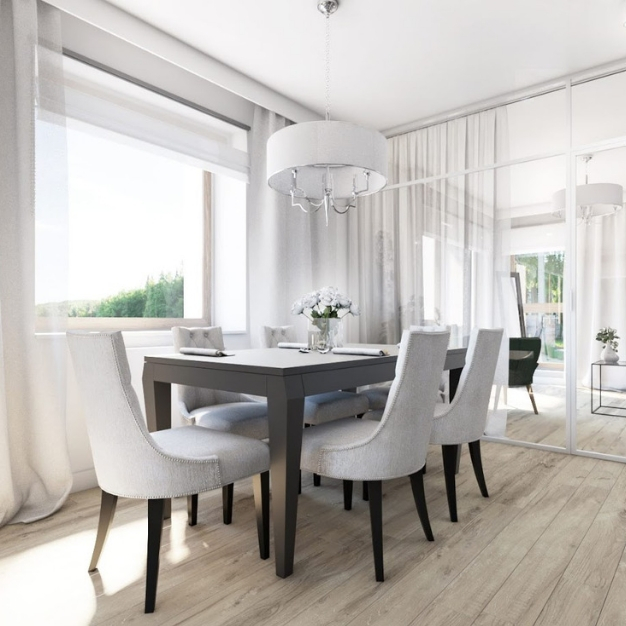 jak zaprojektowac elegancka jadalnie projekt jadalni w stylu nowoczesnym projektant wnetrz poznan atoato architekt wnetrz jasne krzesla tapicerowane