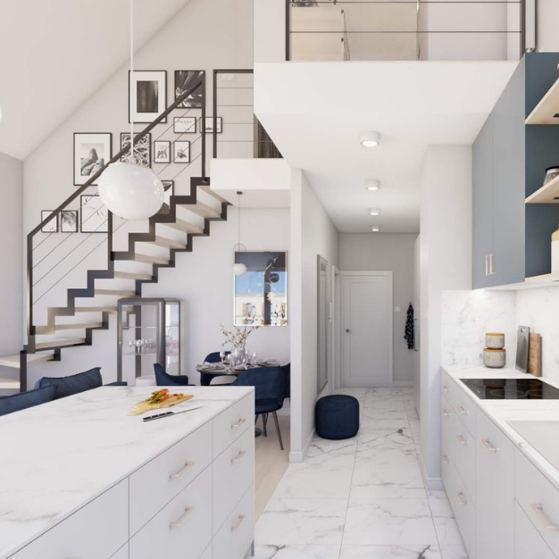 kuchnia otwarta na salon w mieszkaniu z antresola plytki marmurowe w kuchni projektant wnetrz poznan architekt wnetrz warszawa atoato jak zaprojektowac kuchnie otwarta na salon