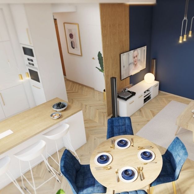 granatowy w salonie, salon z aneksem kuchennym