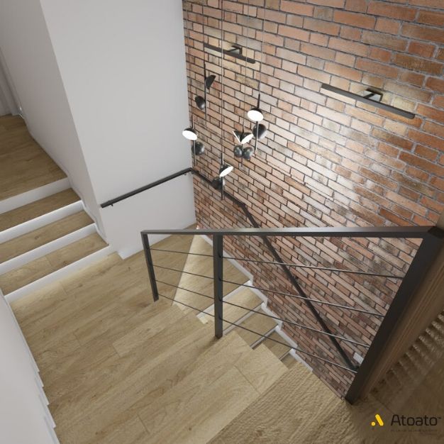 Dom Borówiec 10 schody drewniane pomysl na klatke schodowa cegla na klatce schodowej metalowa porecz z szklem projekty wnetrz na odleglosc atoato