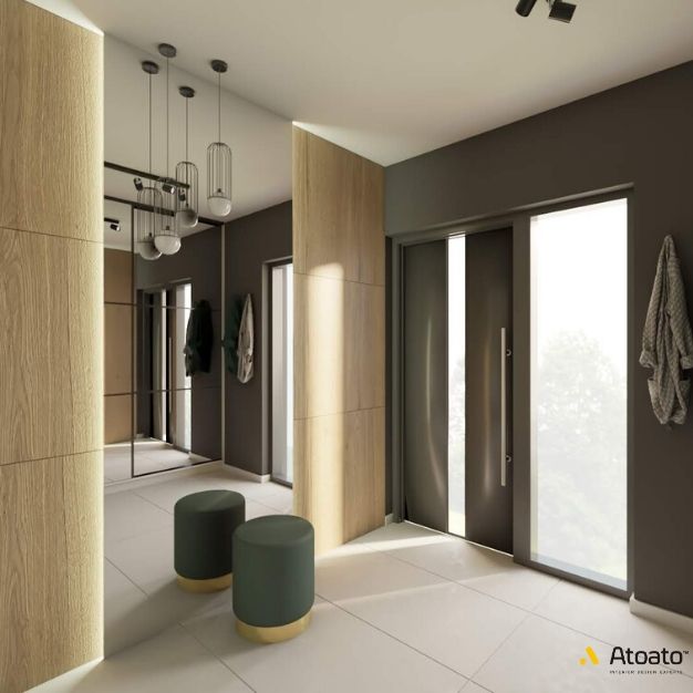 Dom Głuchowo 10 wiatro ap jak zaprojektopwac korytarz pufa zielona pufa do siedzenia w korytarzu drewniane raszki w wiatrolapie drzwi wejsciowe plytki w wiatrolapie