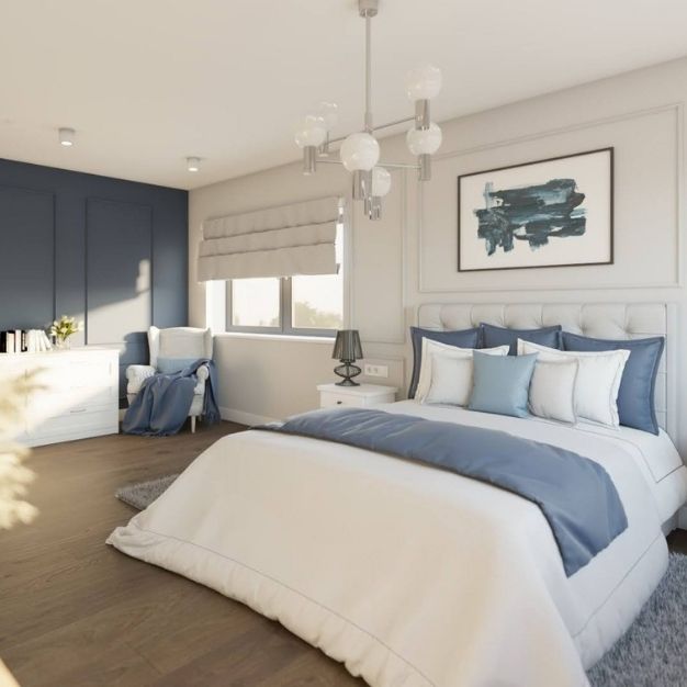 jasna sypialnia, dekoracje na ściany w sypialni, oświetlenie do sypialni