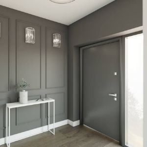 szara ściana w wiatrołapie, drzwi wejściowe z przeszklenie