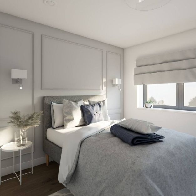 pokój gościnny z łóżkiem, szare ściany w pokoju gościnnym