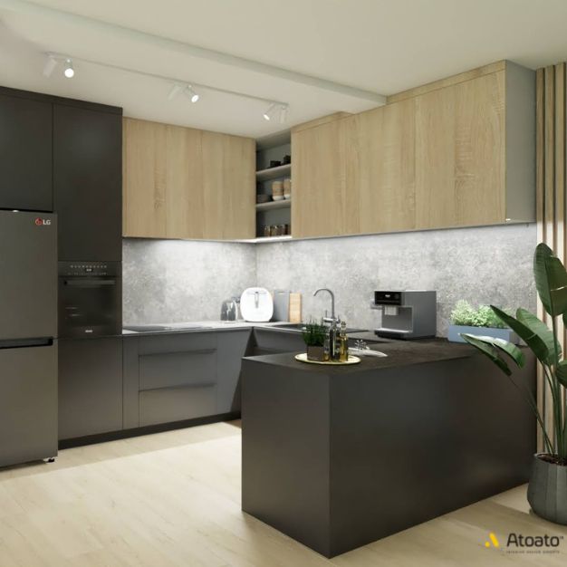 projekt wnetrz poznan atoato skuchnia z wyspa w domu jednorodzinnym polaczenie czarnych frontow z drewnianym pomysl na kuchnie w d mu w stylu skandynawskim