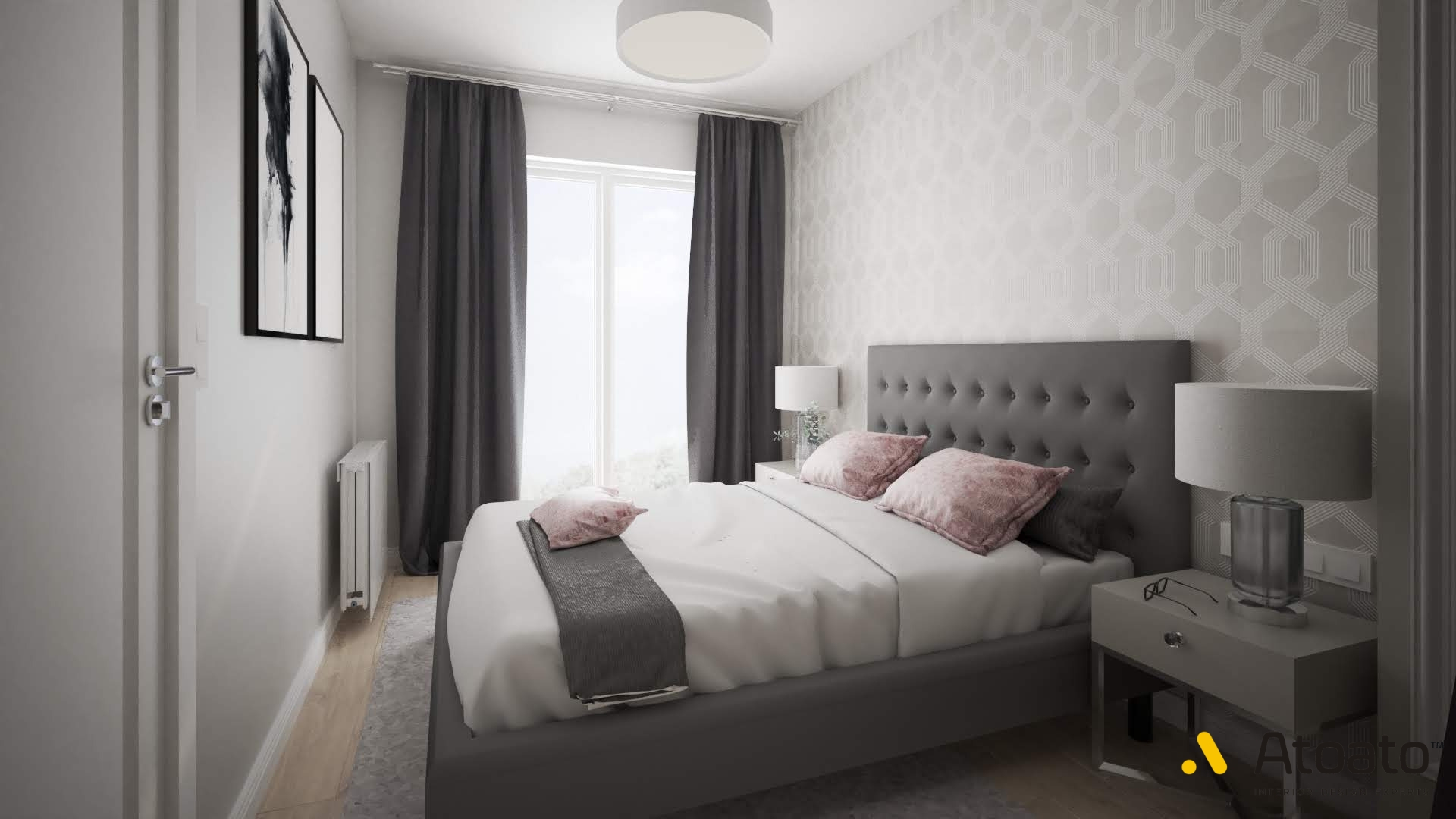 Dom w stylu glamour 12 sypialnia w stylu glamour, elegancka sypialnia, tapeta na ścianie w sypialni