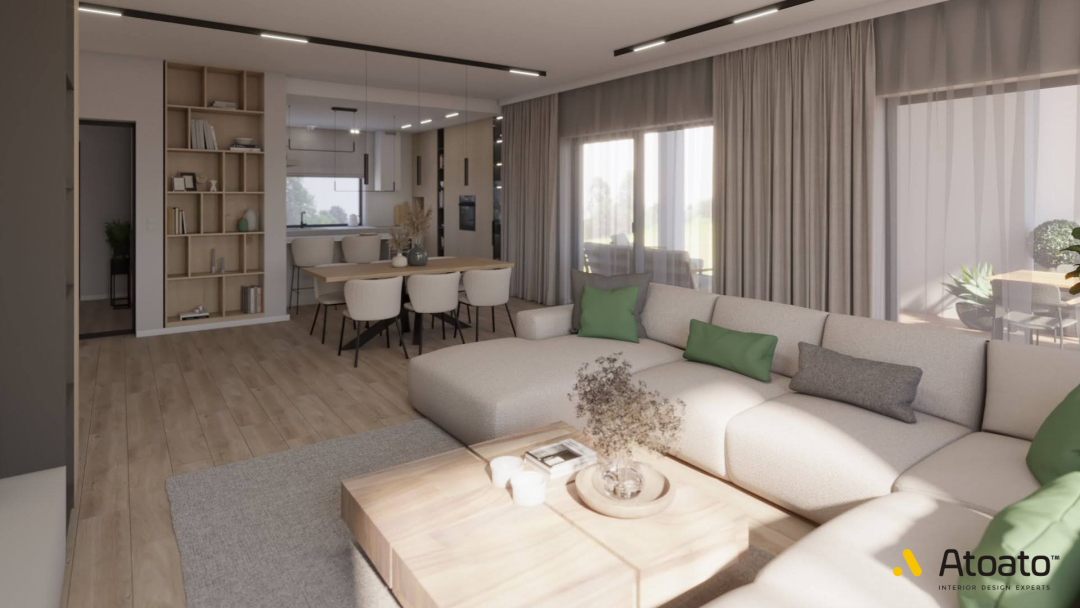 Projekt wnętrz domu w piaskach i beżach salon