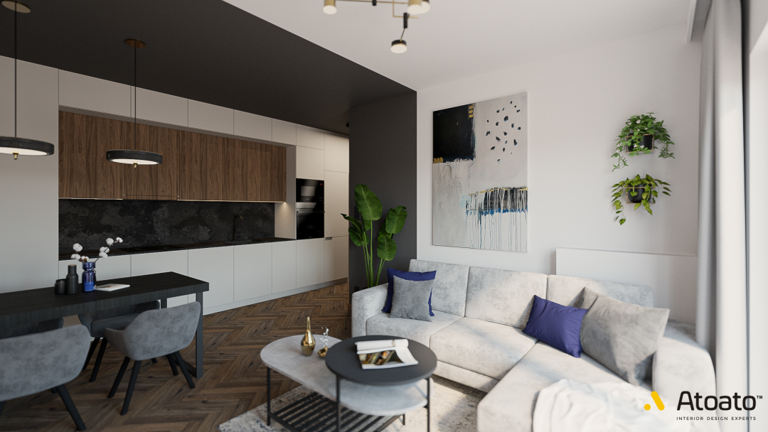 Projekt wnętrz Poznań, salon z aneksem kuchennym, mieszkanie pełne kontrastu