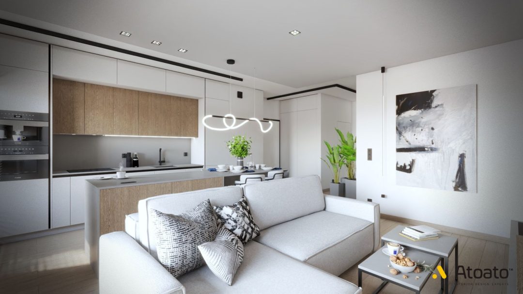 Projekt wnętrz Poznań. Nowoczesny Apartament. Biel, czerń, szarość, ciepłe drewno. Salon.