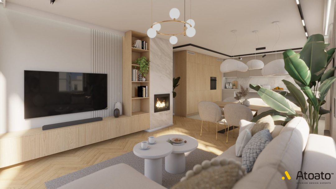 Projekt wnętrz Poznań. Przytulny dom dla rodziny. Jasne beże, delikatna zieleń. Przytulny salon