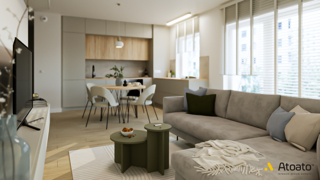 Aranżacja mieszkania pod wynajem, mieszkanie 65m2, styl nowoczesny, projekt wnętrz Poznań, atoato