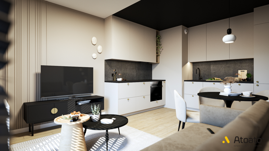 Mieszkanie na wynajem, mieszkanie 48m2, styl nowoczesny, projekt wnętrz Poznań, atoato, ciemne kolory, beż, drewno, kuchnia