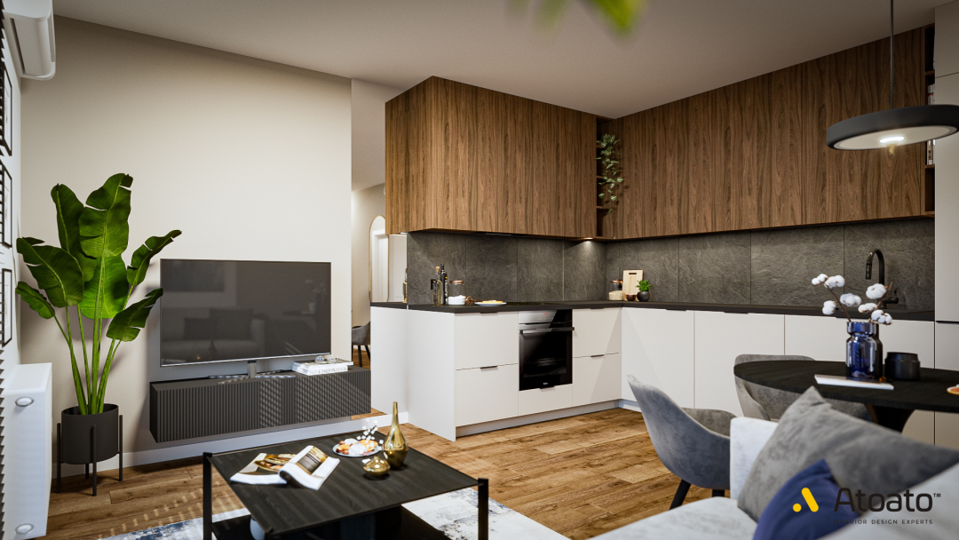 Aranżacja mieszkania pod wynajem, mieszkanie 48m2, styl nowoczesny, projekt wnętrz Poznań, atoato, ciemne kolory, beż, drewno, kuchnia, salon, aneks