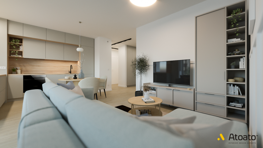 Mieszkanie pod wynajem, mieszkanie 65m2, styl skandynawski, projekt wnętrz Poznań, atoato, salon z aneksem