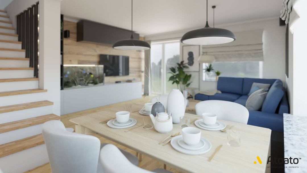 Dom pełen harmonii, salon jadalnia, kuchnia. Drewno. Projektowanie wnętrz Poznań