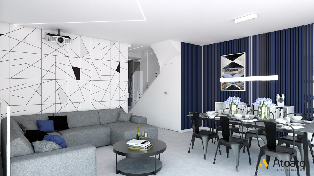 Nowoczesny design, Salon granatowy, szary. Szkło, lamele, mikro cement. Projektowanie wnętrz Poznań