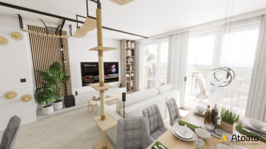 Mieszkanie w stylu skandynawskim. Salon z jadalnią. Półki dla kota. Projektowanie wnętrz poznań
